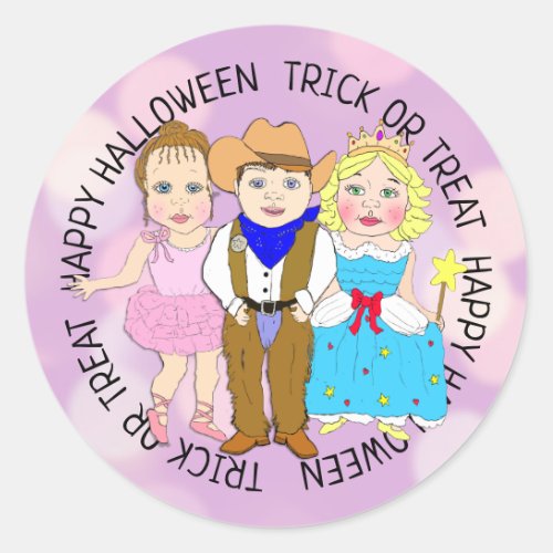 Happy Halloween Purple Kids in Costumes Classic Round Sticker