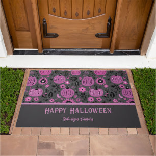 Happy Halloween Purple Pumpkin Family Name Doormat