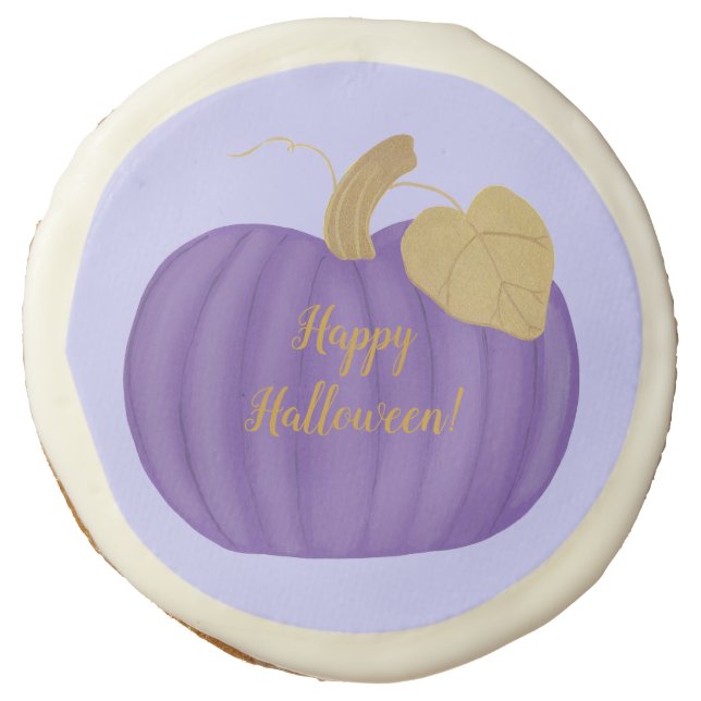 Happy Halloween Purple Pumpkin Gold Leaf Cookies (Front)
