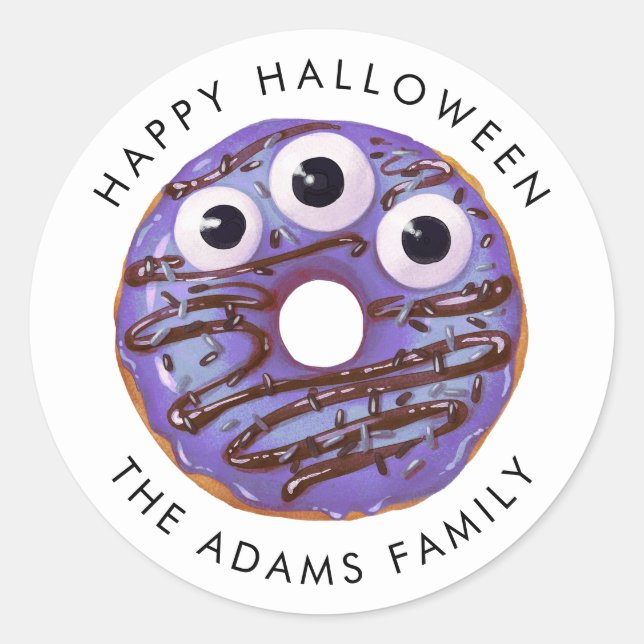 Happy Halloween Purple Three Eyed Monster Donut Classic Round Sticker (Front)