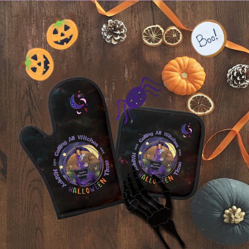 Happy Halloween Purple Witch Birthday  Oven Mitt  Pot Holder Set