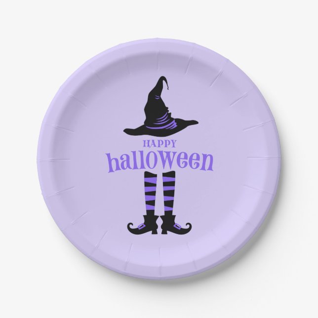 Happy Halloween Purple Witch Party Paper Plates (Front)