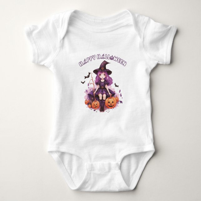 Happy Halloween Purple Witch Pumpkins & Bats Baby Bodysuit (Front)