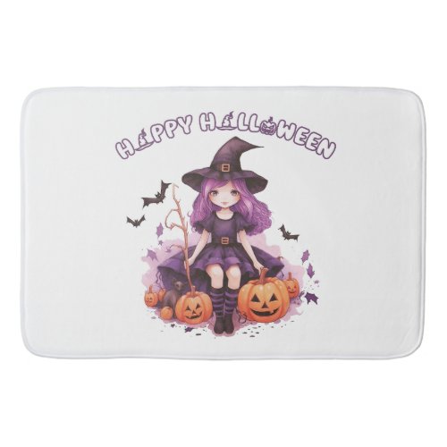 Happy Halloween Purple Witch Pumpkins  Bats Bath Mat