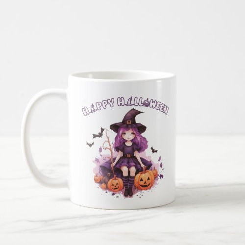 Happy Halloween Purple Witch Pumpkins  Bats Coffee Mug