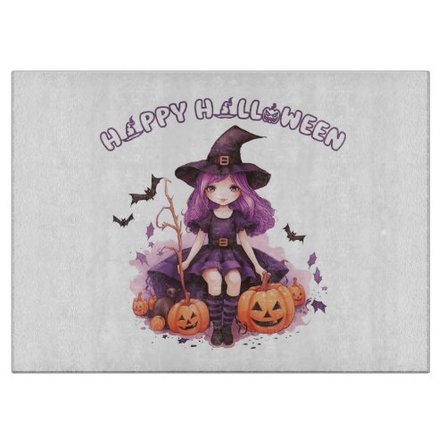 Happy Halloween Purple Witch Pumpkins  Bats Cutting Board