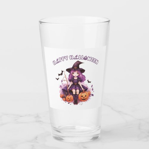 Happy Halloween Purple Witch Pumpkins  Bats Glass