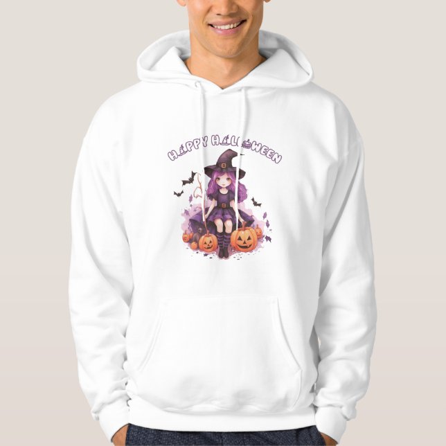 Happy Halloween Purple Witch Pumpkins & Bats Hoodie (Front)