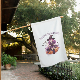 Happy Halloween Purple Witch Pumpkins & Bats House Flag