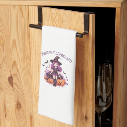 Happy Halloween Purple Witch Pumpkins  Bats Kitchen Towel