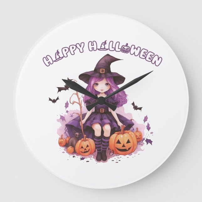 Happy Halloween Purple Witch Pumpkins & Bats Large Clock (Front)