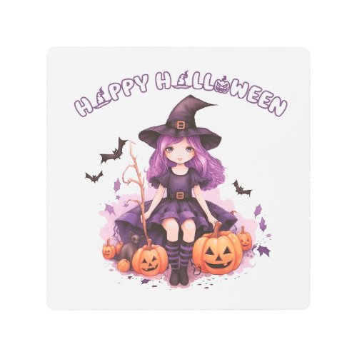 Happy Halloween Purple Witch Pumpkins  Bats Metal Print