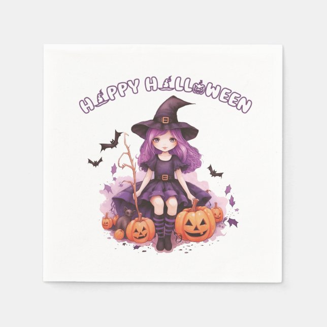 Happy Halloween Purple Witch Pumpkins & Bats Napkins (Front)