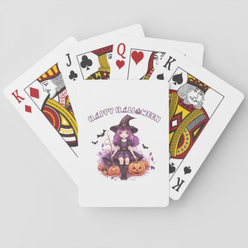 Happy Halloween Purple Witch Pumpkins  Bats Playing Cards