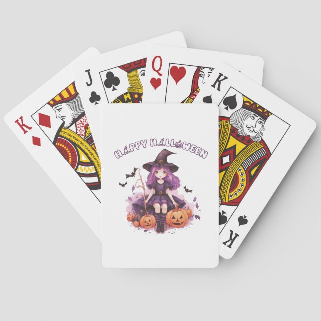 Happy Halloween Purple Witch Pumpkins & Bats Poker Cards (Back)