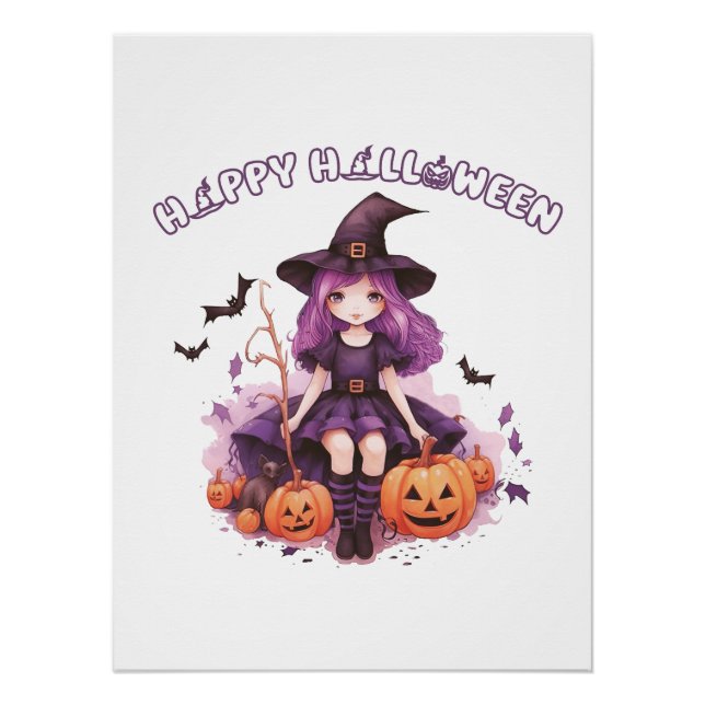 Happy Halloween Purple Witch Pumpkins & Bats Poster (Front)