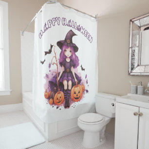 Happy Halloween Purple Witch Pumpkins & Bats Shower Curtain