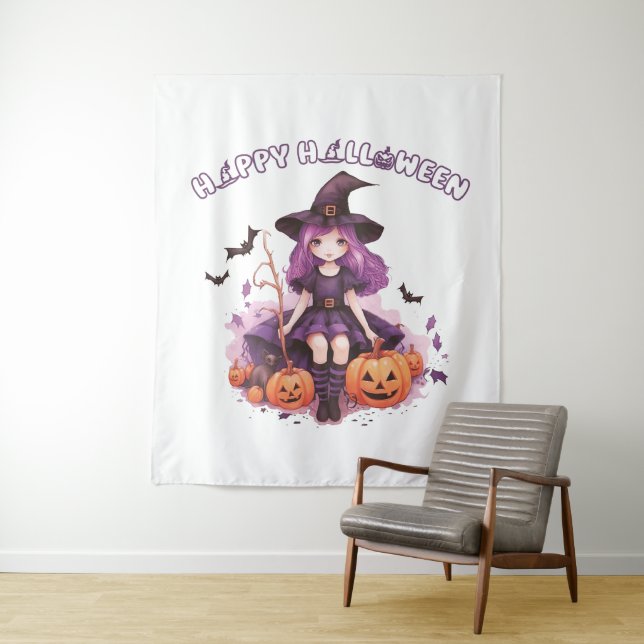 Happy Halloween Purple Witch Pumpkins & Bats Tapestry (In Situ)