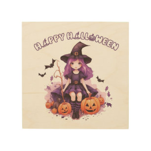 Happy Halloween Purple Witch Pumpkins & Bats Wood Wall Art
