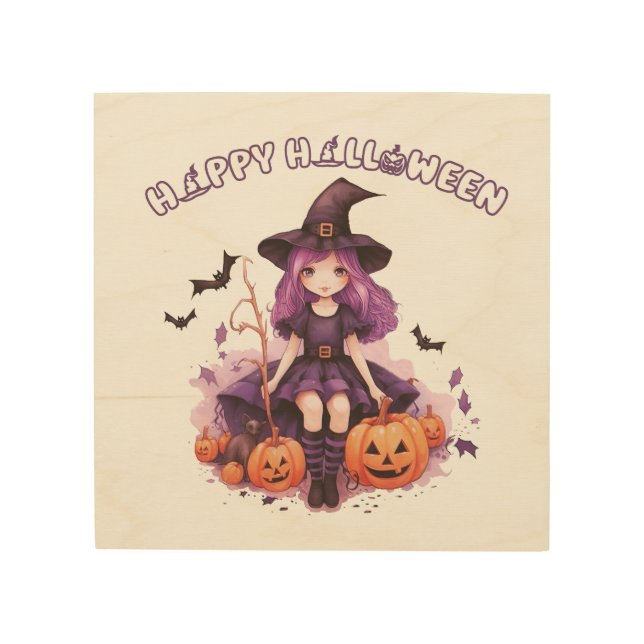 Happy Halloween Purple Witch Pumpkins & Bats Wood Wall Art (Front)