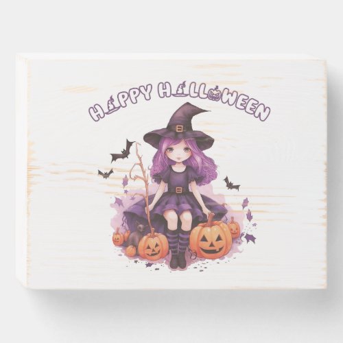 Happy Halloween Purple Witch Pumpkins  Bats Wooden Box Sign