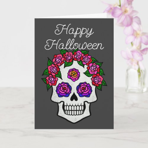 Happy Halloween Rainbow Skull with Roses Card
