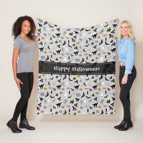Happy Halloween Random Iconic Pattern Gray Fleece Blanket