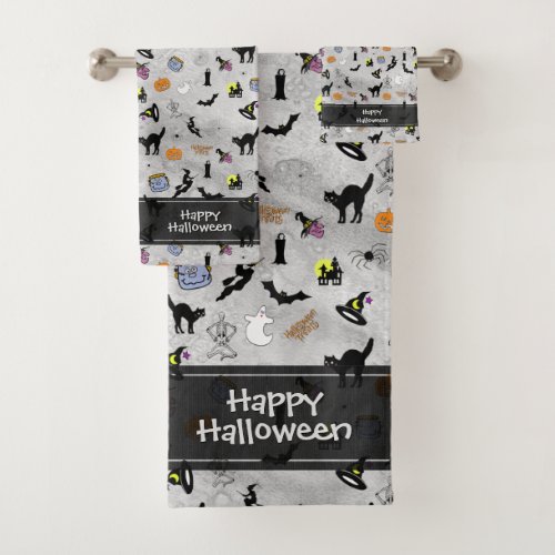 Happy Halloween Random Iconic Pattern Gray Grunge Bath Towel Set