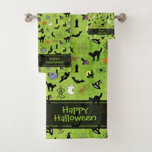 Happy Halloween Random Iconic Pattern Green BG Bath Towel Set