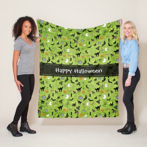Happy Halloween Random Iconic Pattern Green Fleece Blanket