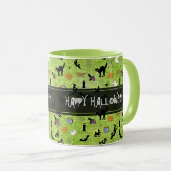 "happy Halloween"  Random Iconic Pattern Green Mug by NancyTrippPhotoGifts at Zazzle