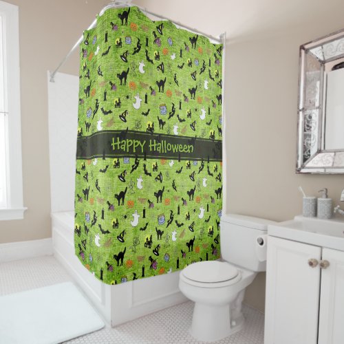 Happy Halloween Random Iconic Pattern Green  Shower Curtain