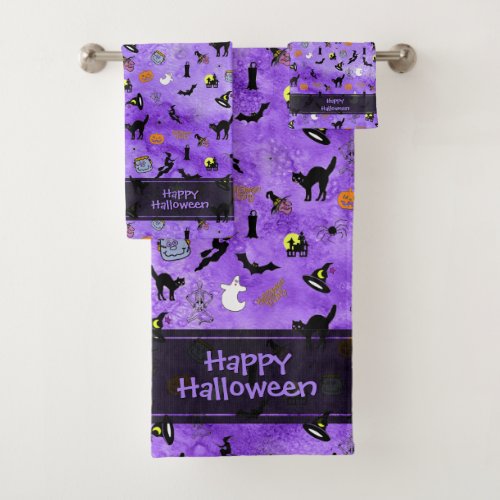 Happy Halloween Random Iconic Pattern Purple  Bath Towel Set