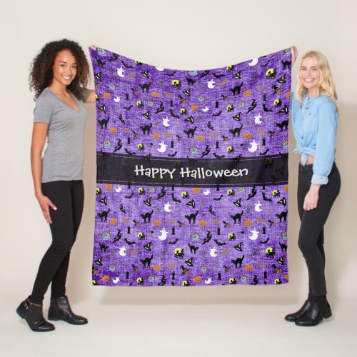 Happy Halloween Random Iconic Pattern Purple Fleece Blanket