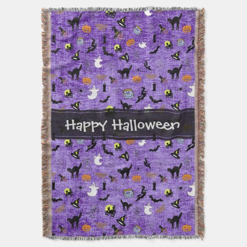 Happy Halloween Random Iconic Pattern Purple Throw Blanket