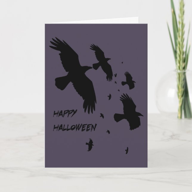 Happy Halloween Ravens In Flight Vector Silhouette Holiday Card (Front)