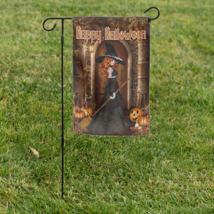 Happy Halloween Redhead Witch with Broom Garden Flag
