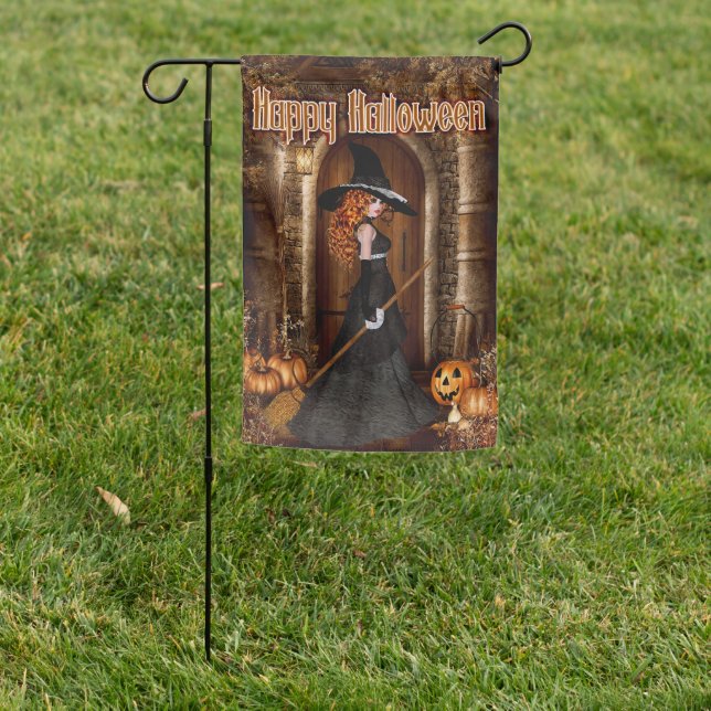 Happy Halloween Redhead Witch with Broom Garden Flag (In SItu)