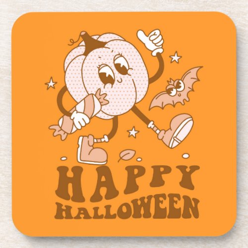 Happy Halloween Retro Polka Dot Pumpkin Beverage Coaster