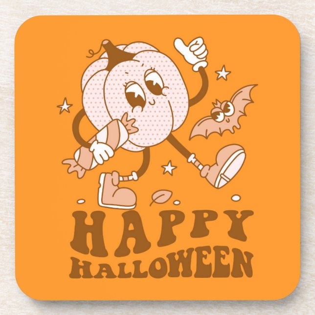 Happy Halloween| Retro Polka Dot Pumpkin Beverage Coaster (Front)