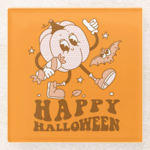 Happy Halloween Retro Polka Dot Pumpkin Glass Coaster