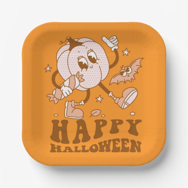 Happy Halloween| Retro Polka Dot Pumpkin Paper Plates (Front)