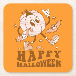 Happy Halloween Retro Polka Dot Pumpkin Square Paper Coaster