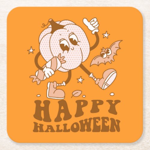 Happy Halloween Retro Polka Dot Pumpkin Square Paper Coaster