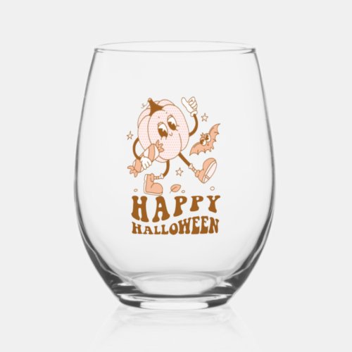 Happy Halloween Retro Polka Dot Pumpkin Stemless Wine Glass