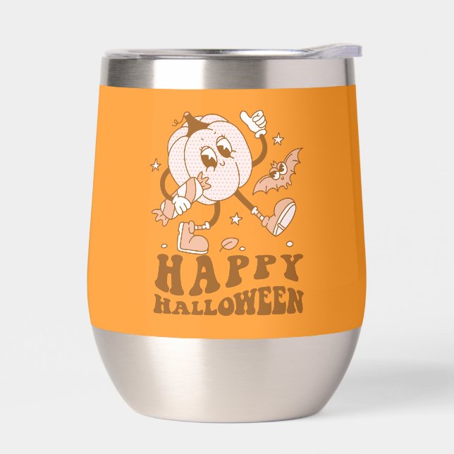 Happy Halloween| Retro Polka Dot Pumpkin Thermal Wine Tumbler (Left)
