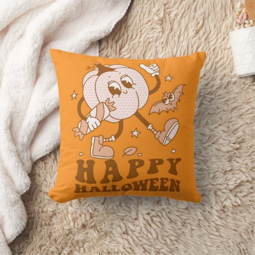 Happy Halloween Retro Polka Dot Pumpkin Throw Pillow