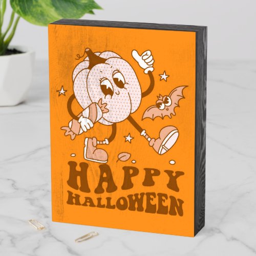 Happy Halloween Retro Polka Dot Pumpkin Wooden Box Sign