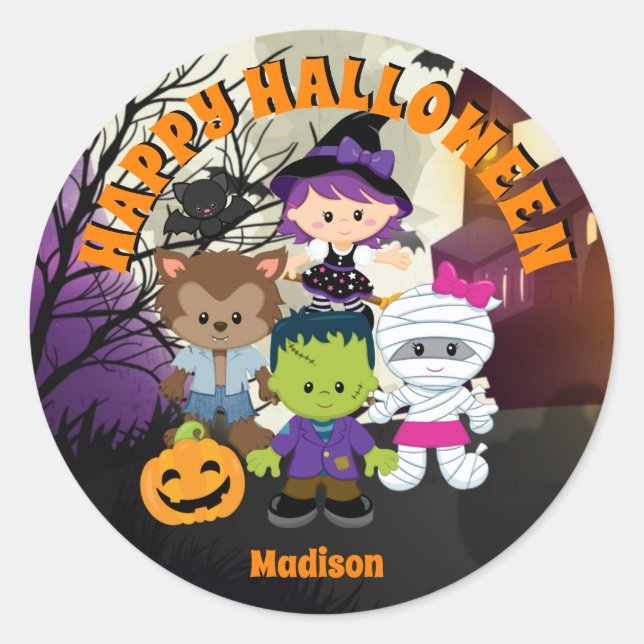Happy Halloween Round Labels for Kids Personalized (Front)
