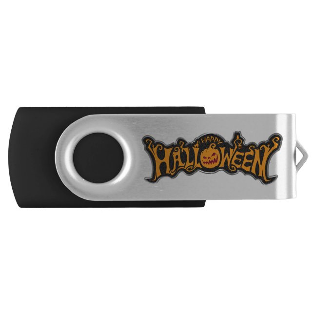 Happy Halloween Ruby Eye Pumpkin Silver Frame Flash Drive (Front)